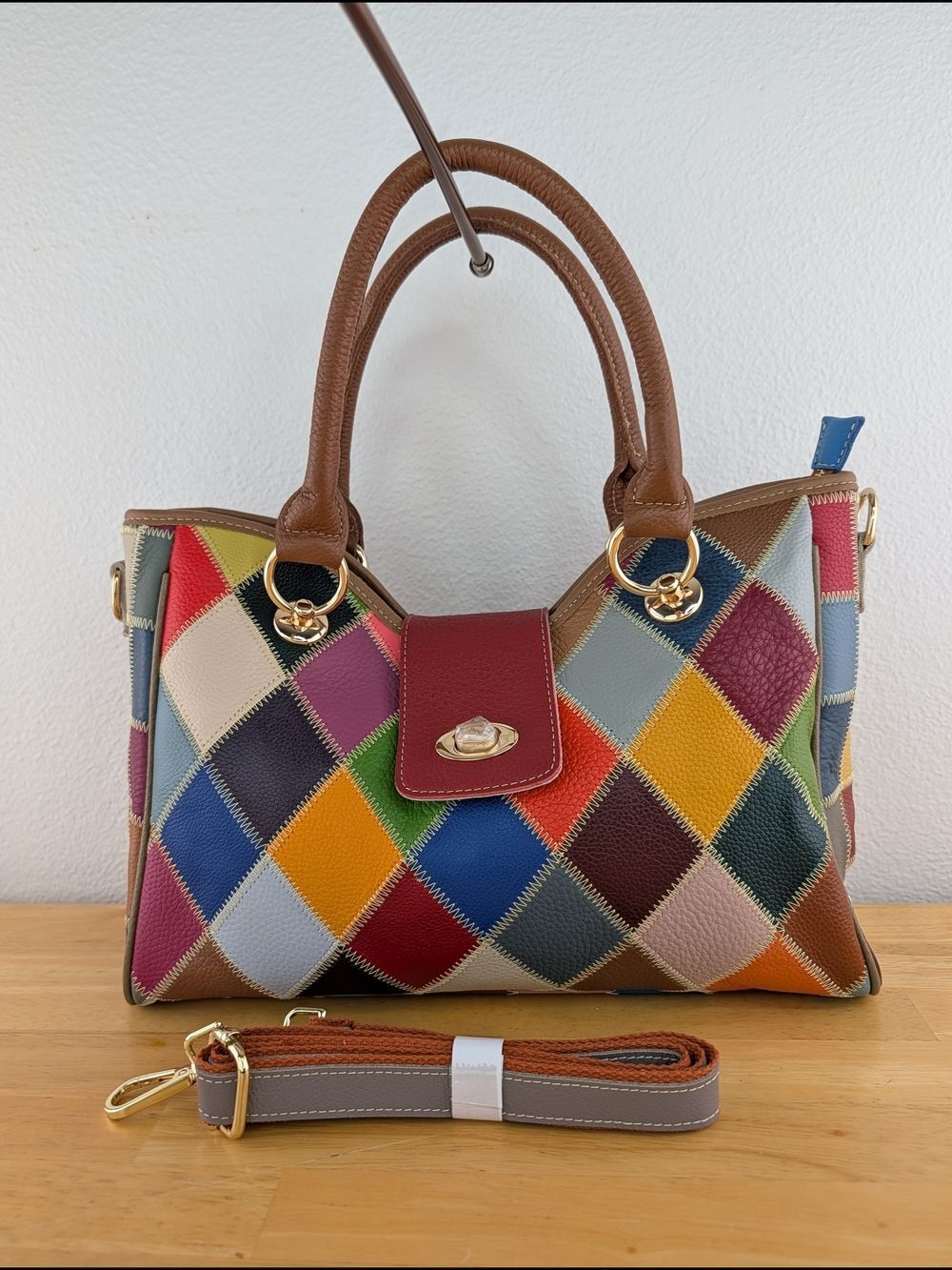 Heshe Leather Multicolor Patchwork Satchel Shoulder Bag Handbag Gold Hardware